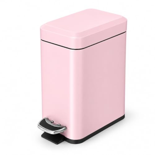 Home Zone Living 1.3 Gallon Bathroom Trash Can with a Lid, Stainless Steel Wastebasket with Slim Shape and Step Pedal for Home and Office, 5 Liter Capacity, Pink