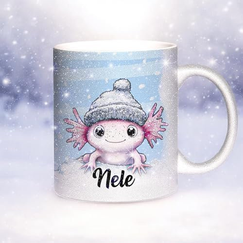 Sunnywall Glitzertasse Personalisiert mit Namen – Weihnachtstasse - Axolotl Winter-Edition - Wintertasse aus Keramik - Geschenkidee