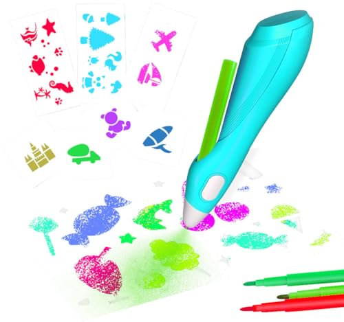 infactory Farbspritzpistole: Airbrush-Stift für Kinder, 12 Farben zum Sprühen, 30 Schablonen, USB (Airbrush Sets Kinder, Sprüh-Graffiti-Stifte, Geburtstag)
