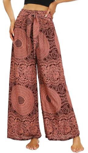Nuofengkudu Pantaloni Larghi Bohemien Stampa Estivi Vita Alta Piega Elasticizzata Comodi Rayon Pantalone Leggero Ventata Motivi Hippy Chic Palazzo Elegante Viaggi Spiaggia Yoga Taglia Unica E Marrone
