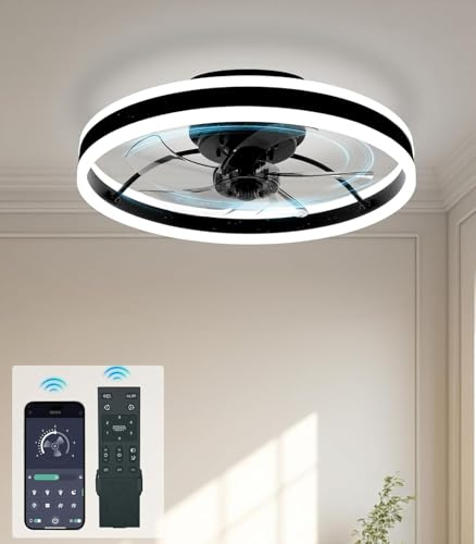 Smart Ceiling Fan with Light and Remote, Flush Mount Reversible 6-Speed LED Ceiling Fan Light Compatible with Remote/App, Timer, Low Profile Dimmable Living Room Bedroom Ceiling Lamp Fan, 19.7 Black