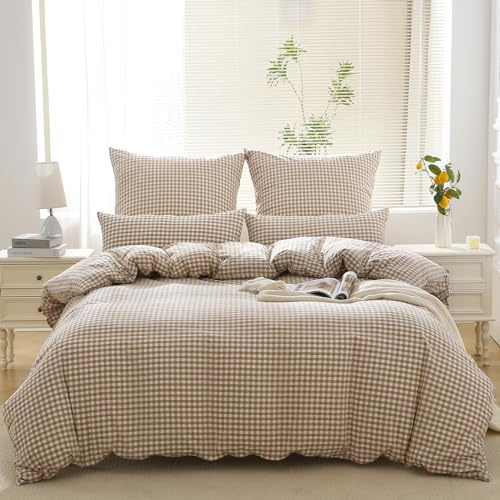 SOULFUL Housse de Couette 240 x 260 Coton Carreaux avec 2 Taies d'oreiller 65x65 cm, 100% Coton Lavé, Certifié Öeko-Tex, Beige Parure de Lit 2 Personnes 240 x 260 Adulte Coton avec Fermeture Éclair