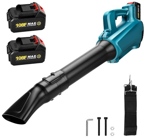 panthem Soffiatore a batteria con batterie da 2 x 3 Ah, 180 km/h a 5 marce, senza fili, 28000 giri/min, portata d'aria 768 m³/h, per giardino, foglie, polvere e neve, compatibile con Makita 18 V