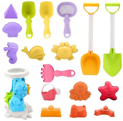 Touosy 18 Stück Sandspielzeug Set Sandkasten Spielzeug & Kinetic Sand Zubehör mit Sandeimer Sandschaufel Sanduhr Sandharke, Sandförmchen Strandspielzeug für Kinder ab 3 Jahren