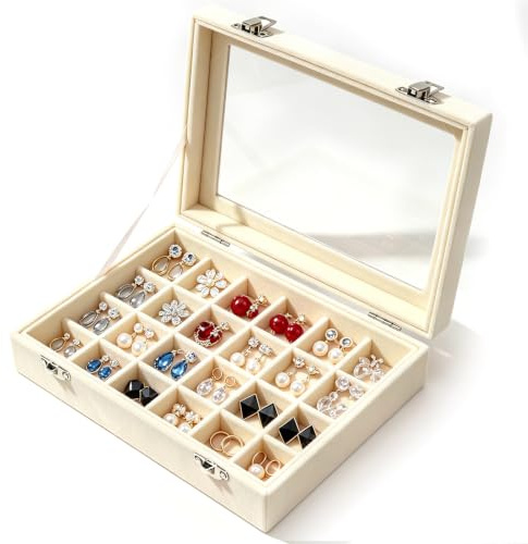 Aoyfuwell ringarrangör, smyckeslåda, beige sammet, 24 fack