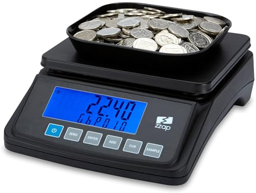 The ZZap MS10 Coin Counting Scale - Counts 5 currencies and non-cash items, counts 3 KG of coins, backlit display, battery powered and more!