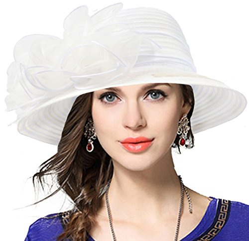 VECRY Femmes Oaks Derby Robe Église Cloche Capelines Bowler Chapeaux de Mariage (Blanc)