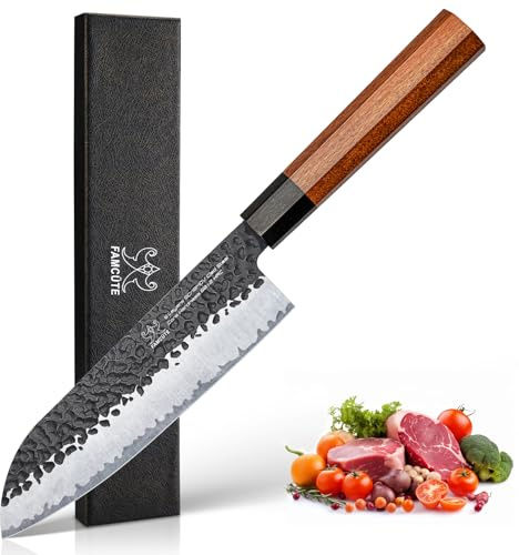 FAMCÜTE Santoku Knife 7 inch, Hand Forged 5 Layers 9CR18MOV High Carbon Steel Professional Kitchen Knife, Ultra Sharp Rosewood Handle Japanese Chopping Knife As a Thoughtful Birthday Gift for Dad/Mom