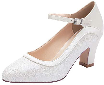 Elegantpark HC1928 Femme Bout fermé Bloquer Les Talons Hauts Escarpins Bride Cheville Dentelle Satin Chaussures de mariée de Mariage Ivoire EU 37
