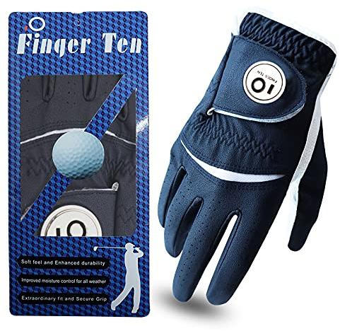 FINGER TEN Gant De Golf Homme Main Gauche Droite Cuir avec Marqueur De Balle Value Pack, Gants Durable Doux Confortable Flexible S M ML L XL Bleu Foncé Rouge Marron (Bleu foncé, L, Droite)