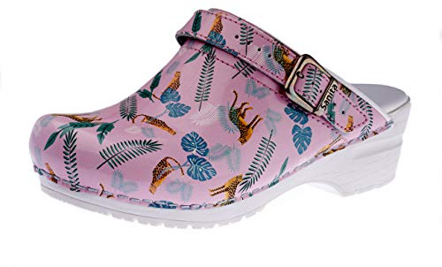 Sanita Animal Leopard | Zoccoli Aperti da Donna | Zoccoli Artigianali Originali in Pelle Flessibile | Plantare Anatomico in Schiuma Morbida | Cinturino Regolabile sul Tallone | Rosa | 39