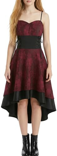 FEOYA Robe Gothique Femme à Bretelles Robe Rétro Médiévale Robe Soirée Vintage à Lacets Costume Steampunk Déguisements Halloween Carnaval Rouge 38