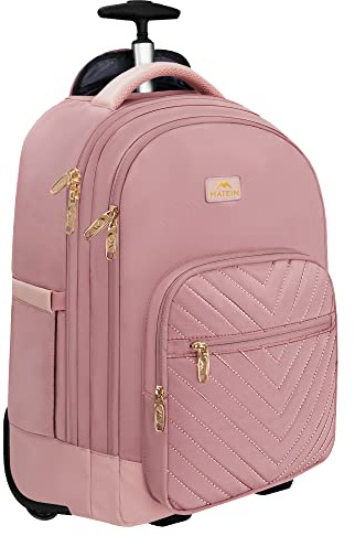 MATEIN Rolling Backpack for Women, 17 Inch Travel Laptop Backpacks with Wheels, Large Carry On Business Luggage Roller Backpack, Waterproof Trolley Suitcase Overnight College Work Computer Bag, Pink