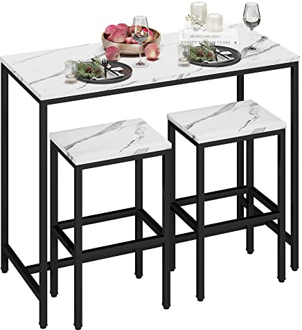 Yongchuang 3 Piece Bar Table Set, White Bar Table and Chairs Set for 2, Modern Counter Height Bar Table with 2 Stools for Kitchen, Dining Room High Top Breakfast Table Faux Marble Wood Top