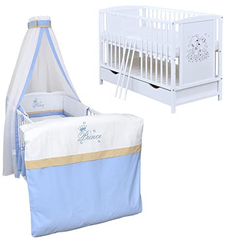 Generisch Baby Delux Babybett Komplett Set Mia umbaubar zum Juniorbett weiß 120x60 Matratze Schublade Schutzgitter Bettset Premium (Prince)