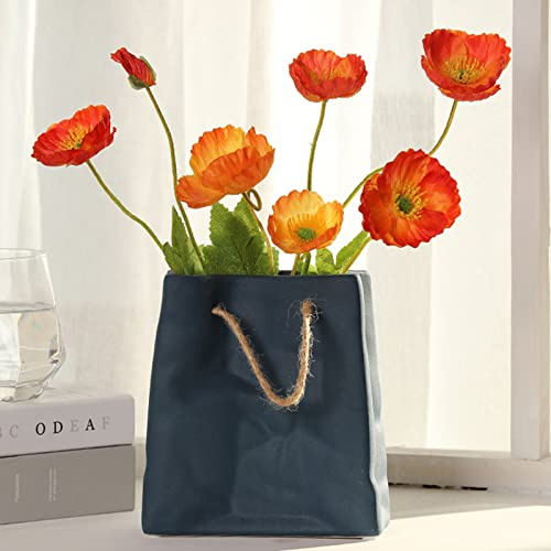 Jarrón de cerámica azul con forma de bolso, jarrón decorativo de arte moderno para arreglos florales, centro de mesa, decoración del hogar