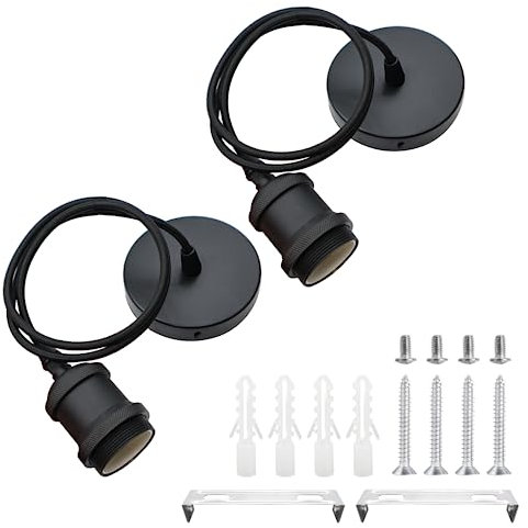 2 Stücke E27 Lampenaufhängung Metall Vintage Lampenfassung Retro Hängeleuchte Pendelleuchte mit Kabel Höhenverstellbar 100cm Textilkabel für Deckenbeleuchtung DIY Wand Deckenleuchte (Schwarz)