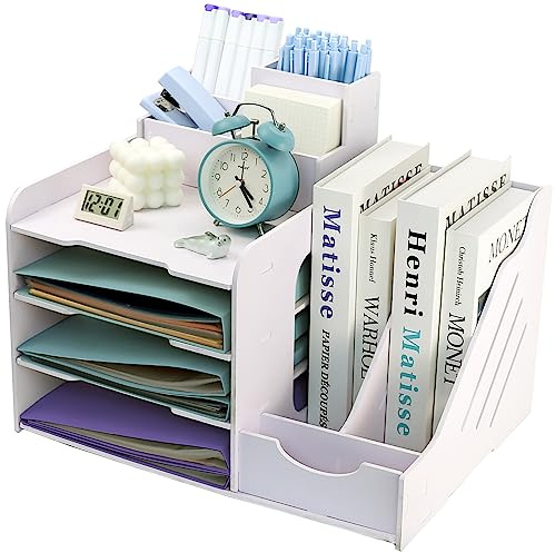 7-Compartment Letter Tray with Magazine Rack, Wooden Filing Tray for Office Desk, Desktop Organiser With Pen Holder, Desk Paper Organizer Folder Wood, File Document Holder for Home Office School