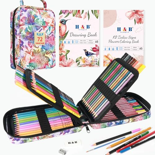 H & B 72Pcs Colouring Pencils Set, Art Supplies with Drawing Book,Colouring Book, Soft Core Coloured Pencils for Artists Adults Sketching, Shading and Doodling, Portable Zipper Case