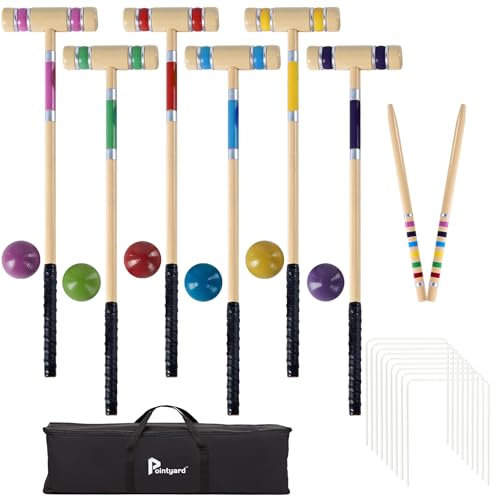 Pointyard Krocket-Set für 6 Spieler, 71,1 cm, hochwertige Holzschlägel, farbige Bälle und Tragetasche, lustige Spiele für Erwachsene/Familien/Kinder im Hinterhof, Strand, einfacher Aufbau in 1 Minute