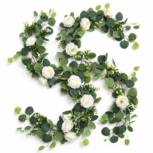 QWORK® 2PCS 180CM Ghirlanda di fiori artificiali, finte rosa bianca piante vite, per feste, feste di matrimonio, decorazioni per runner da tavolo