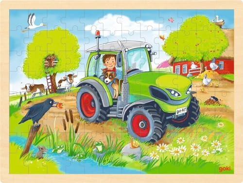 goki 57326 - Einlegepuzzle Traktor und Bauernhof aus Holz– Fördert Fantasie und Feinmotorik bei Kindern, Hoftiere, 40cm x 30cm, 96-er Set, ab 3 Jahre