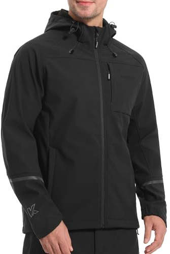 KUTOOK softshell chaqueta outdoor cortaviento de transición corriendo senderismo los hombres a prueba de viento invierno con 3 bolsillos capucha trekking senderismo corriendo negro 2XL