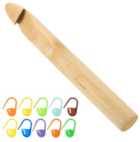 sourcing map Wood Huge Crochet Hook 30mm US Size T/X Big Wooden Bamboo Crochet Needles with 10 Pcs Knitting Stitch Markers for Crocheting Giant Chunky Yarn