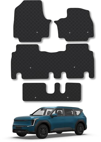 Kia EV9 [7 Seat Version] (2024+) Rubber Car Mats Accessories Tailored Fit Compatible Accessory Waterproof Protection Non-Slip Floor Mats Full Coverage Durable Front Rear Set Coverage with Clips
