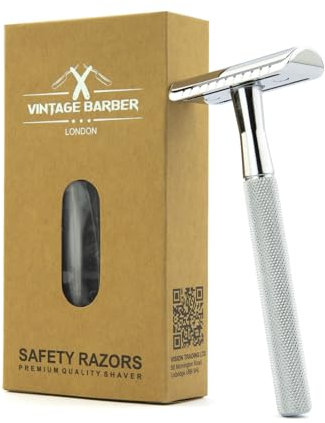 Safety Razor for Shave | Skin & Head friendly | Innovative Blade Placement | 0 Waste Razor for Men and Women | Metal Elegant Style | Silver Gray and Eco-friendly | VINTAGE BARBER LONDON