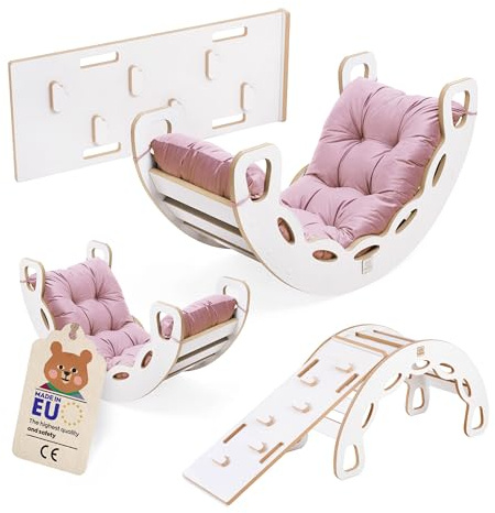 MISIOO Gunga gungbräda för barn – baby gungbräda med rundade kanter för säkerhet – vit MDF – laminerad yta – inkl. klättervägg/halk/kudde – 90 x 41 x 50 cm – gungbräda baby