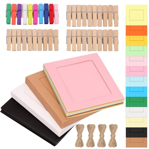 Cimeton 40Pcs 4 Paper Picture Frames Colorful Cardboard Picture Frames Kit with Wooden Clips and String Paper Photo Frame DIY Cardboard Photo Frames for Wall Decor