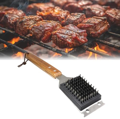 Grillreinigungsbürste, 3in1 BBQ Reinigungsbürste mit Edelstahl Schaber, Messingborsten und Extra Langer Wärmedämmung Holzstiel Griff Grillbürste, Pizzaofen Bürste, für Holzkohlegrill, Elektrogrill