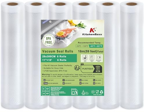 KitchenBoss Rouleau Sous Vide Alimentaire：Sac Sous Vide Alimentaire pour l'Appareil de Mise Sous Vide, Film Sous Vide Alimentaire pour la Cuisson, 6 Rouleaux 28x300cm