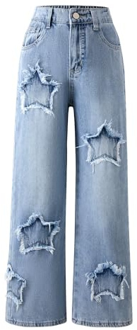 Maeau Jeans para niñas, desgastados, rasgados, cintura elástica, rectos, pierna ancha, pantalones de mezclilla para niños, casual, holgados, vintage, ropa de calle, Estrella Azul, 13-14 años
