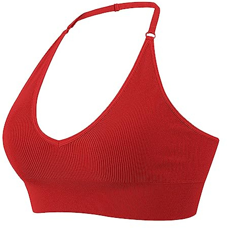 Top Mujer Sujetador Deportivo Cuello Halter Espalda Descubierta Cuello V Profundo Sujetador Deportivo Acolchado Gimnasio Push Up Sujetador sin Espalda Tirantes Ajustables Bandeau Top, rojo, M