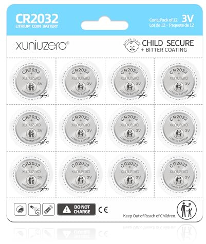 XUNIUZERO 2032 Lithium Battery (12 Pack) Child Safety Features Compatible with AirTag Key Fob Tea Light Candles and Other Devices CR2032 3V Coin Batteries