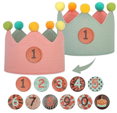 URAQT Cappellini Compleanno Bambini, corona reversibile compleanno ragazza ragazzo con Numeri Intercambiabili da 0 a 9, Tessuto Cappello da Festa di per Bambini (Verde chiaro + rosa)