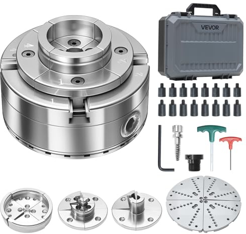 VEVOR 4 Inch Wood Lathe Chuck, 4-Jaw, Self-Centering Wood Turning Chuck Set with 1 x 8TPI Thread & Adapter, 5 PCS Jaws Round/Flat/Step/Pin, Carry Case, Nickel-Plated Finish, for Woodworking Lathe