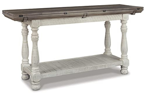 Signature Design by Ashley Havalance Farmhouse Sofa Table, Flip Top Design for Additional Dining Space and Fixed Lower Shelf, Gray & White with Weathered Finish