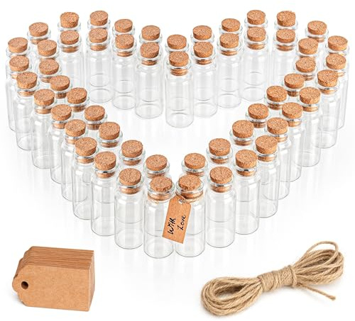 BELLE VOUS Pack de 64 Mini Botellas de Cristal con Tapas de Corcho, Etiqueta y Cordel 13 ml Mini Frascos Cristal Herméticos Redondos y Etiquetas para Regalitos Boda, Fiesta, Especias y Mermelada
