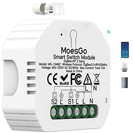 MoesGo Tuya Zigbee Smart Alexa 2 Gang Light Switch 1 Way or 2 Way Module, Timer Wireless RF433 Remote Compatible with Smart Life Tuya Alexa Google Home(Only Work with Tuya Zigbee Hub, 2MQTT Available)