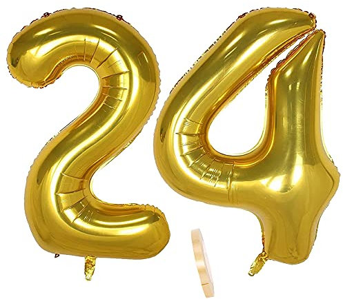 2 globos numeros 24 años, Number globo número 24 Dorado para Hombres Mujeres niños,40 Figuras Gold globo de lámina de helio inflable, gigante grande decoración fiesta de cumpleaños boda (xxxl 100cm)