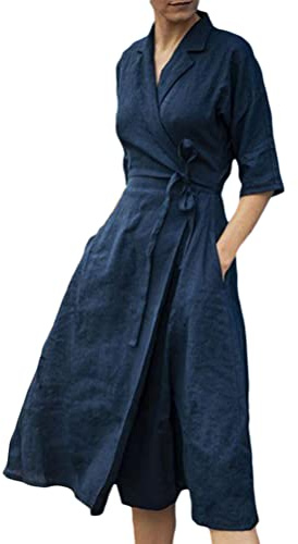 ORANDESIGNE Abito Camicetta in Lino di Cotone Donna Lunghi Manica Eleganti Vestiti con Scollo a V Tinta Unita Casual Abito Longuette al Ginocchio Vestiti con Tasche F Blu Scuro S