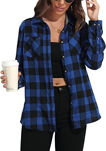 KevaMolly Camicie di Flanella a Maniche Lunghe a Quadri per Le Donne Loose Fit Fidanzato Button Down Camicia Casual Flanella Camicetta Top, Blu e Nero., M