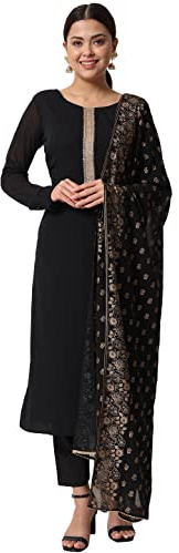 FIORRA Women's Black Poly Crepe Straight Kurta with Pant and Dupatta SET0060, Black, XL