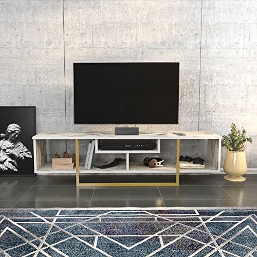 DECOROTIKA Asal Meuble TV de 150 cm de Large avec étagères de Rangement Ouvertes pour Salon, Chambre à Coucher, Cadre en métal – pour téléviseurs jusqu'à 65 Pouces – Blanc et Noyer