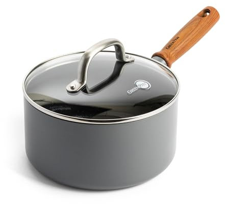 Greenpan Mayflower Pro Hard Anodized Healthy Ceramic Nonstick 18 cm Saucepan with Glass Lid, Vintage Wood Handle, PFAS-Free, Induction Suitable, Charcoal Gray