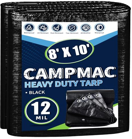 CAMPMAC Black Tarps Heavy Duty Waterproof 8x10, 12 Mil Thick, High Durability, Rip and Tear Resistant with Metal Grommets Every 20 Inches