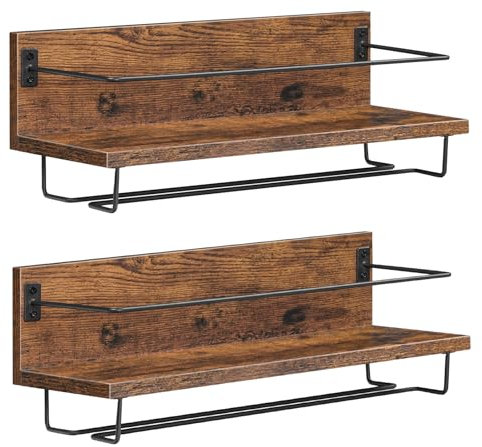 HOOBRO Wandmontierte Weinregale 2er Set, Weinregale, Hängende schwimmende Wandregale, Weinglas-Flaschenhalter, Stielglashalter, für Wohnzimmer, Esszimmer, Küche, Vintagebraun und Schwarz EBF28BJ01